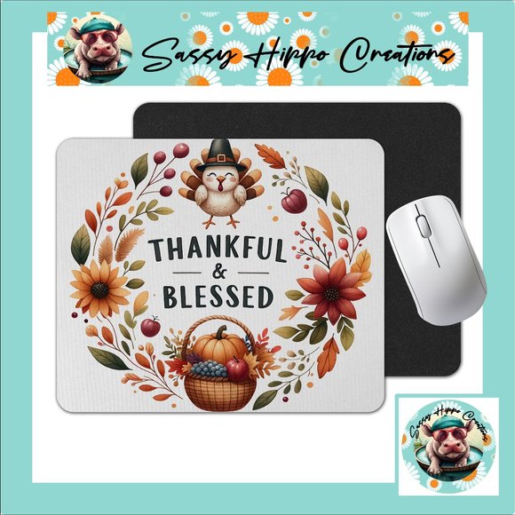 Mouse Pad Thankful and Blessed Turkey Thanksgiving Autumn Sublimated Anti Slip - Picture 1 of 4
